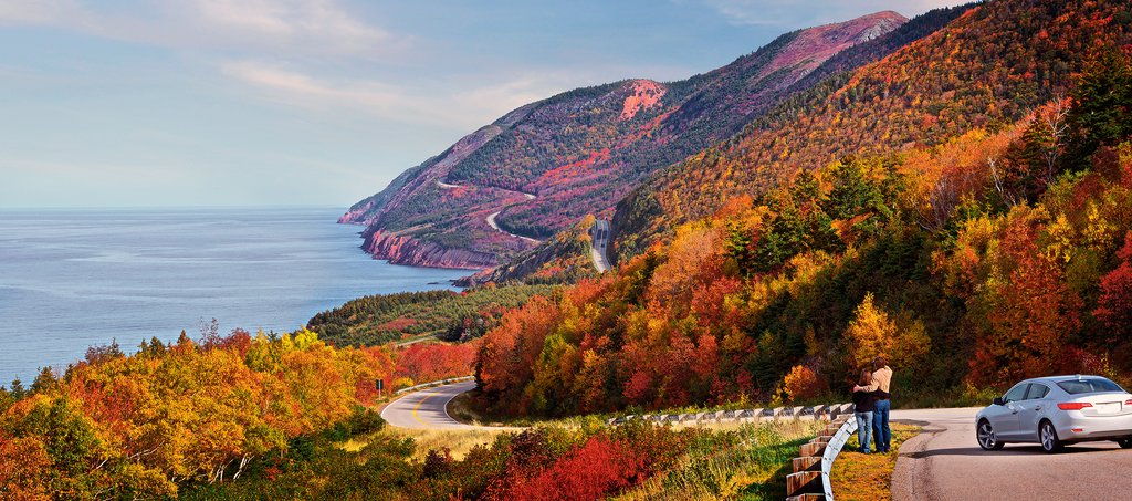 Cabot Trail Nova Scotia showing autumn colors and winding coastal highway in Canada