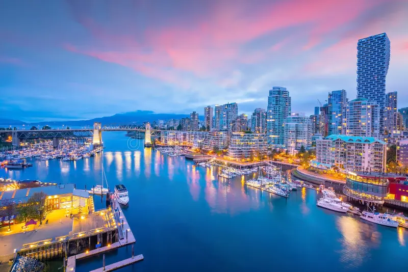 Tourist place in Canada highlighting Vancouver city with Stanley Park and coastal scenery